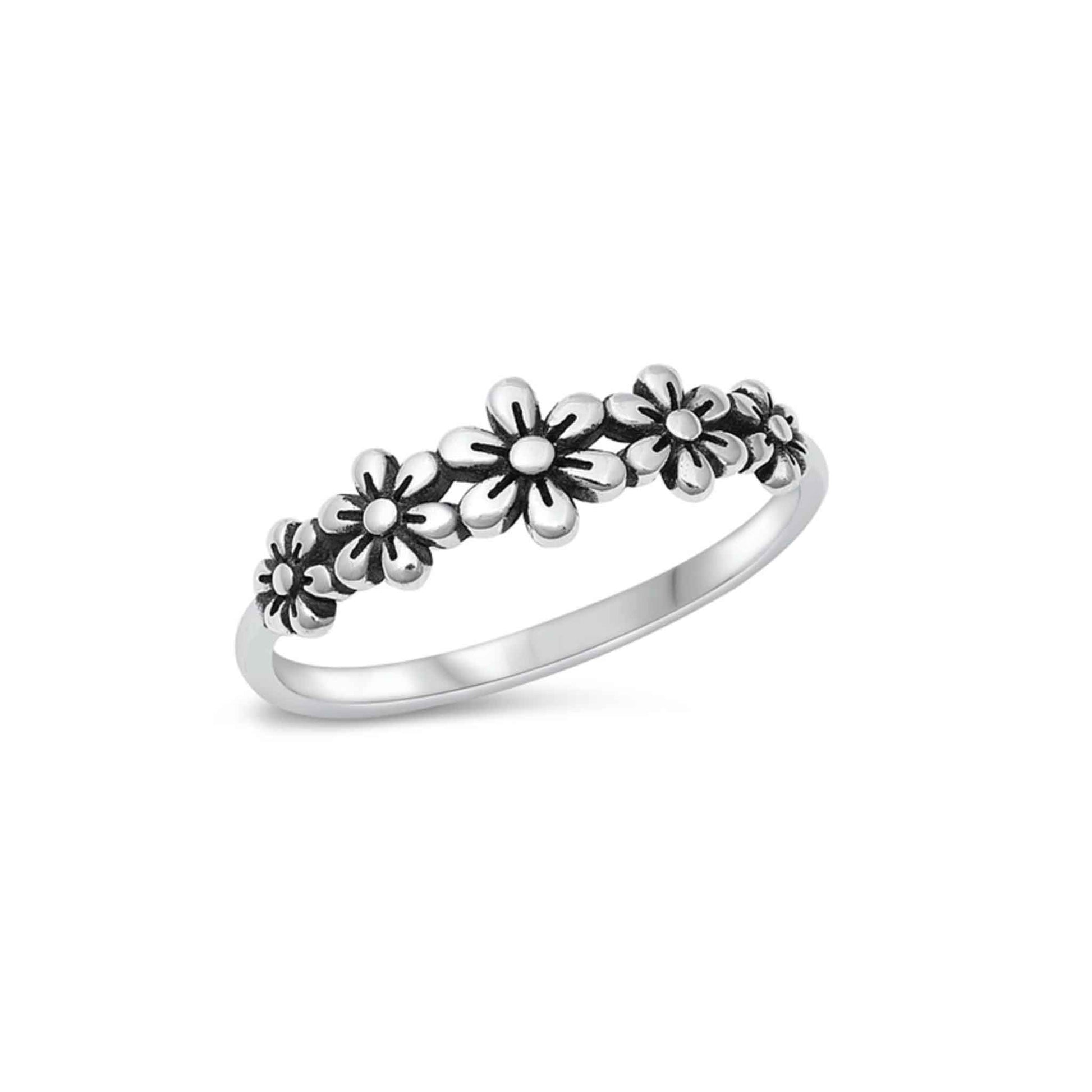 Sterling silver daisy flower ring, oxidized floral band, boho stacking ring.