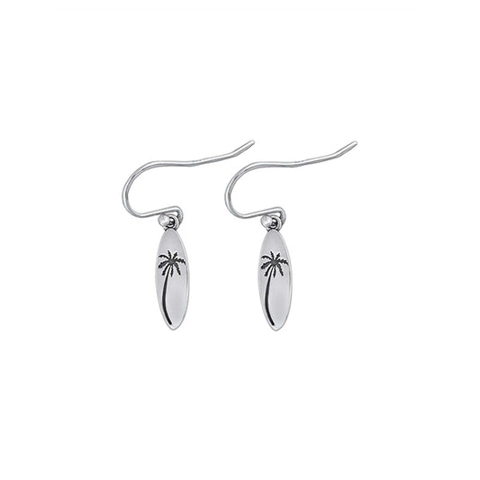 Sterling Silver Palm Tree Earrings with surfboard-shaped charms. Lightweight, stylish, and includes a free polishing cloth with purchase.