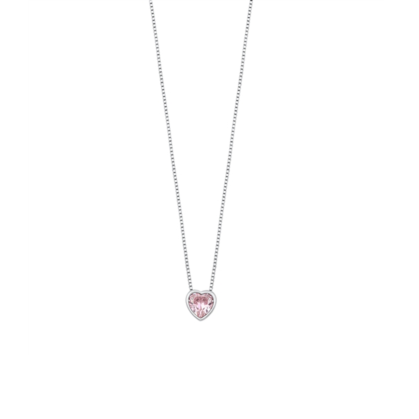 Dainty silver necklace with a heart-shaped pink cubic zirconia charm, 16" chain with 2" extension, and rhodium-plated finish.