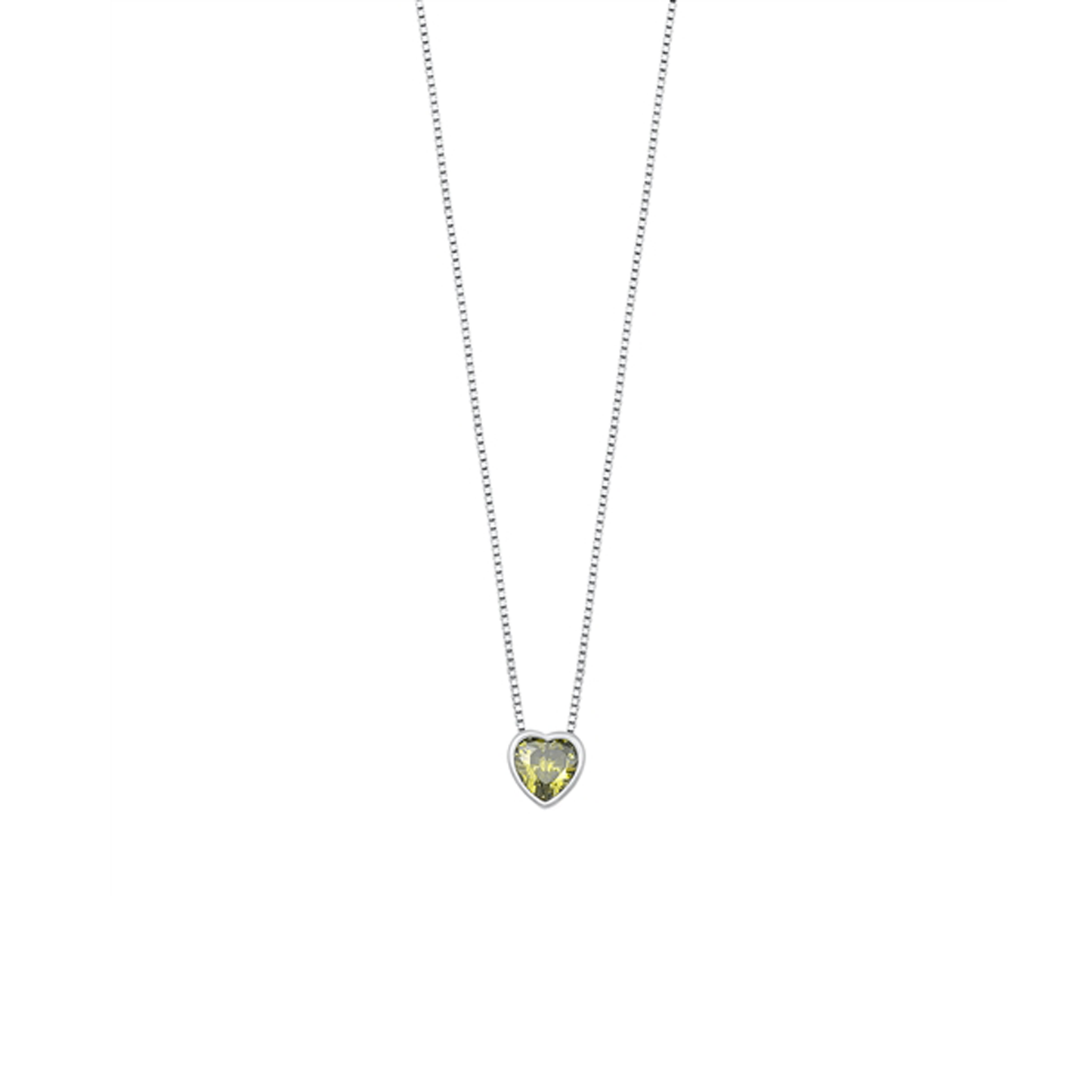 Beautiful silver necklace with a heart-shaped green cubic zirconia charm, 16" chain with 2" extension, and rhodium-plated finish.