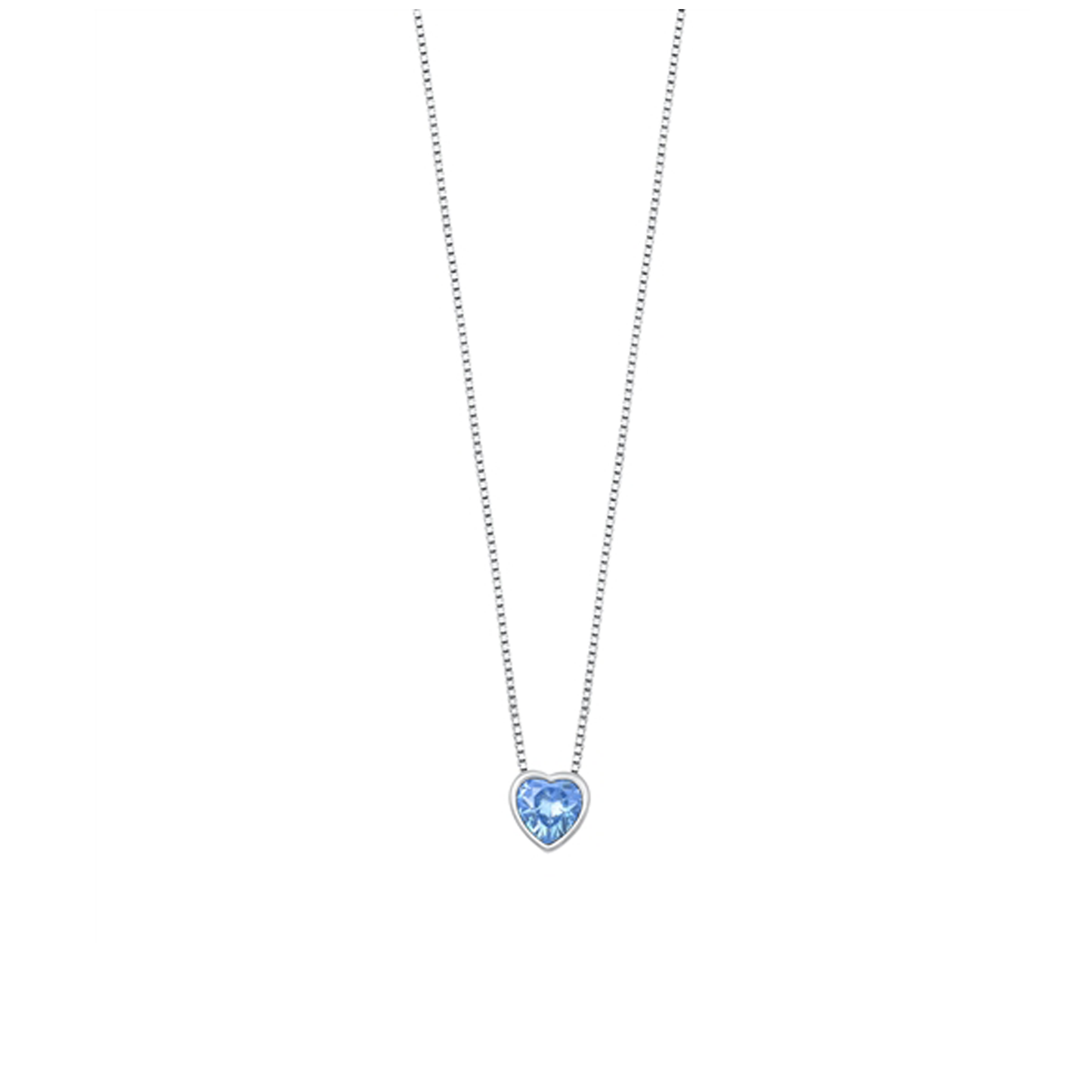 Elegant silver necklace with a heart-shaped light blue cubic zirconia charm, 16" chain with 2" extension, and rhodium-plated finish.