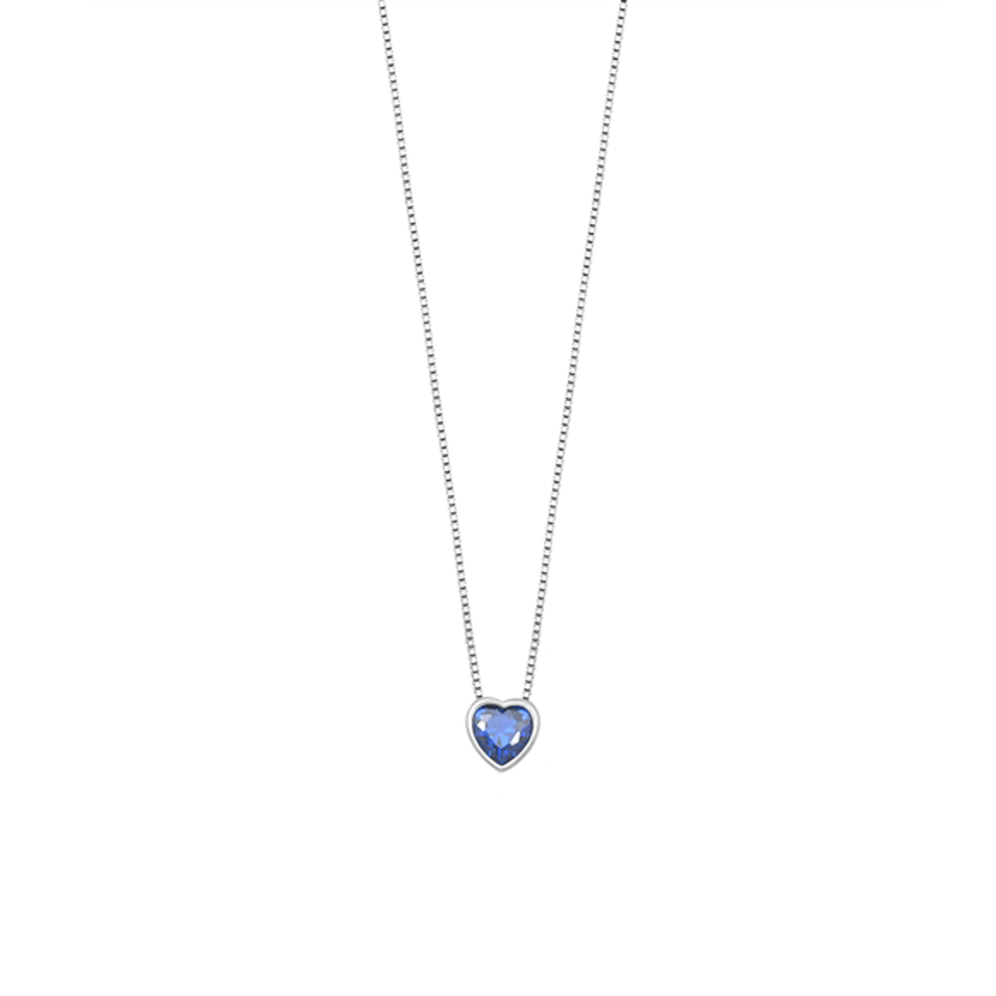 Stylish silver necklace featuring a heart-shaped dark blue cubic zirconia charm, 16" chain with 2" extension, and rhodium-plated finish.