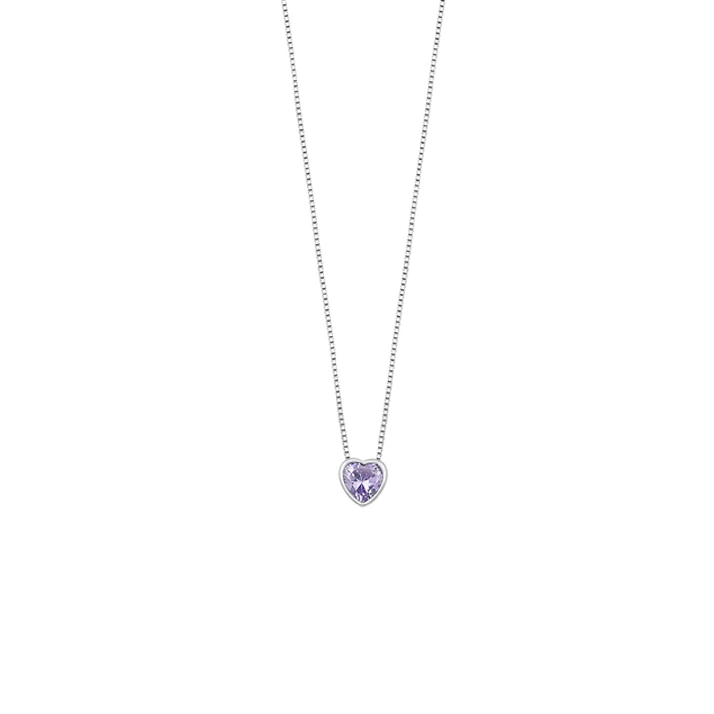 Lovely silver necklace showcasing a heart-shaped lavender cubic zirconia charm, 16" chain with 2" extension, and rhodium-plated finish.